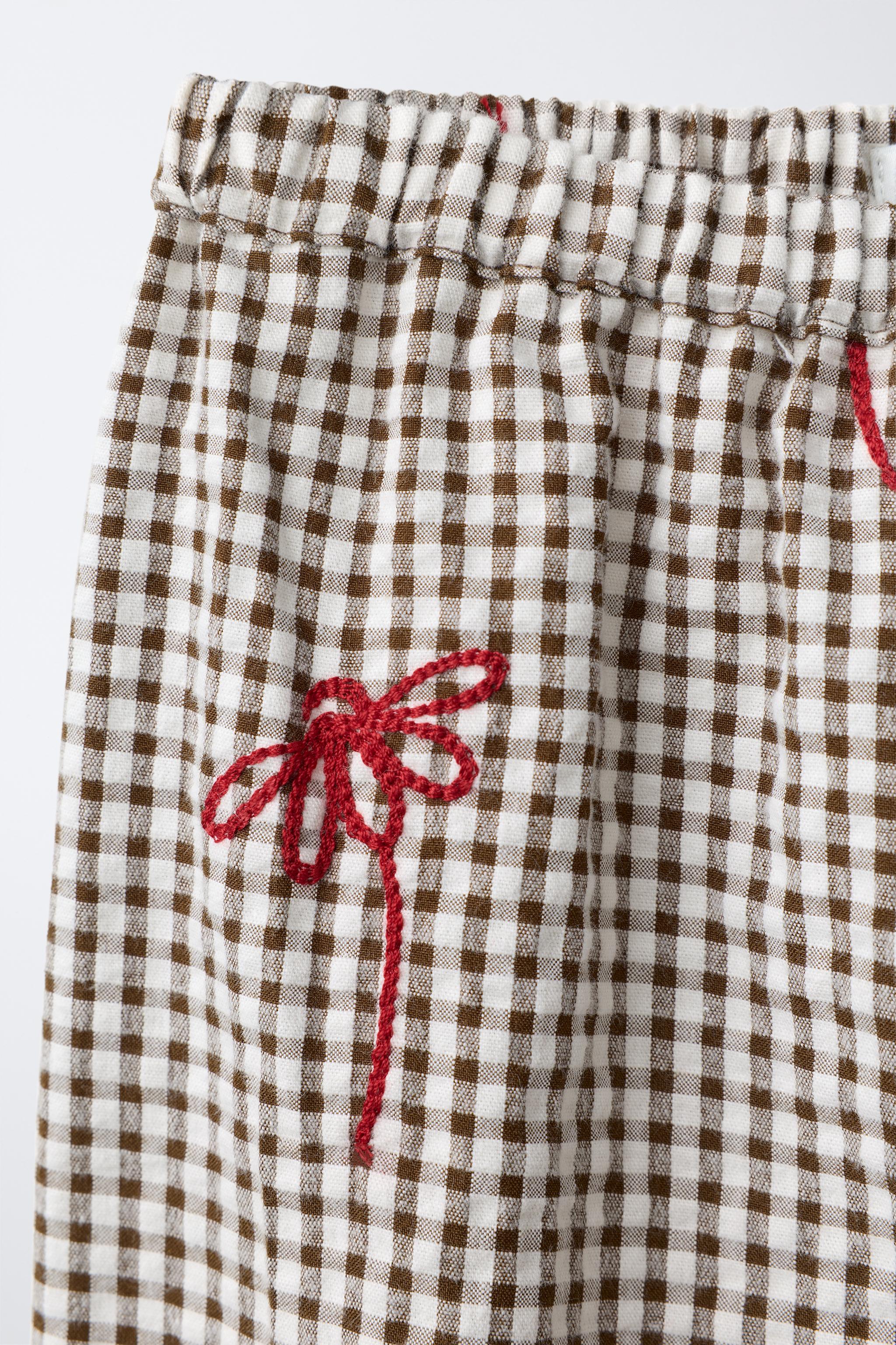 PANTALON BOUFFANT À CARREAUX VICHY ET FLEURS BRODÉES